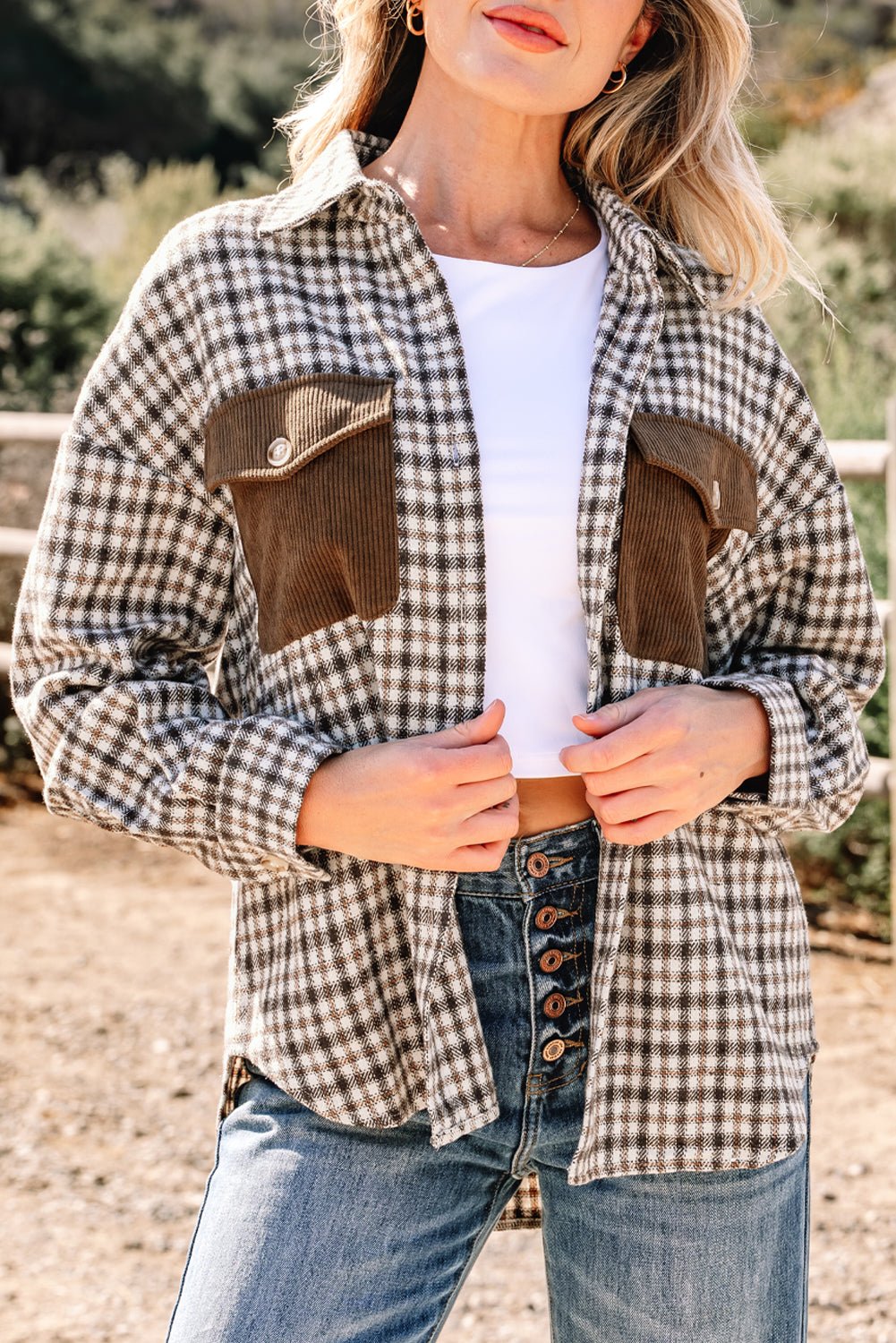 Green Contrast Corduroy Flap Pocket Patchwork Plaid Shacket - MAD RUFFI