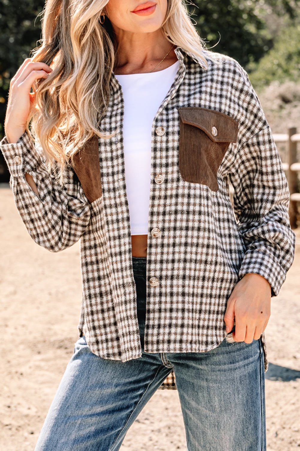 Green Contrast Corduroy Flap Pocket Patchwork Plaid Shacket - MAD RUFFI