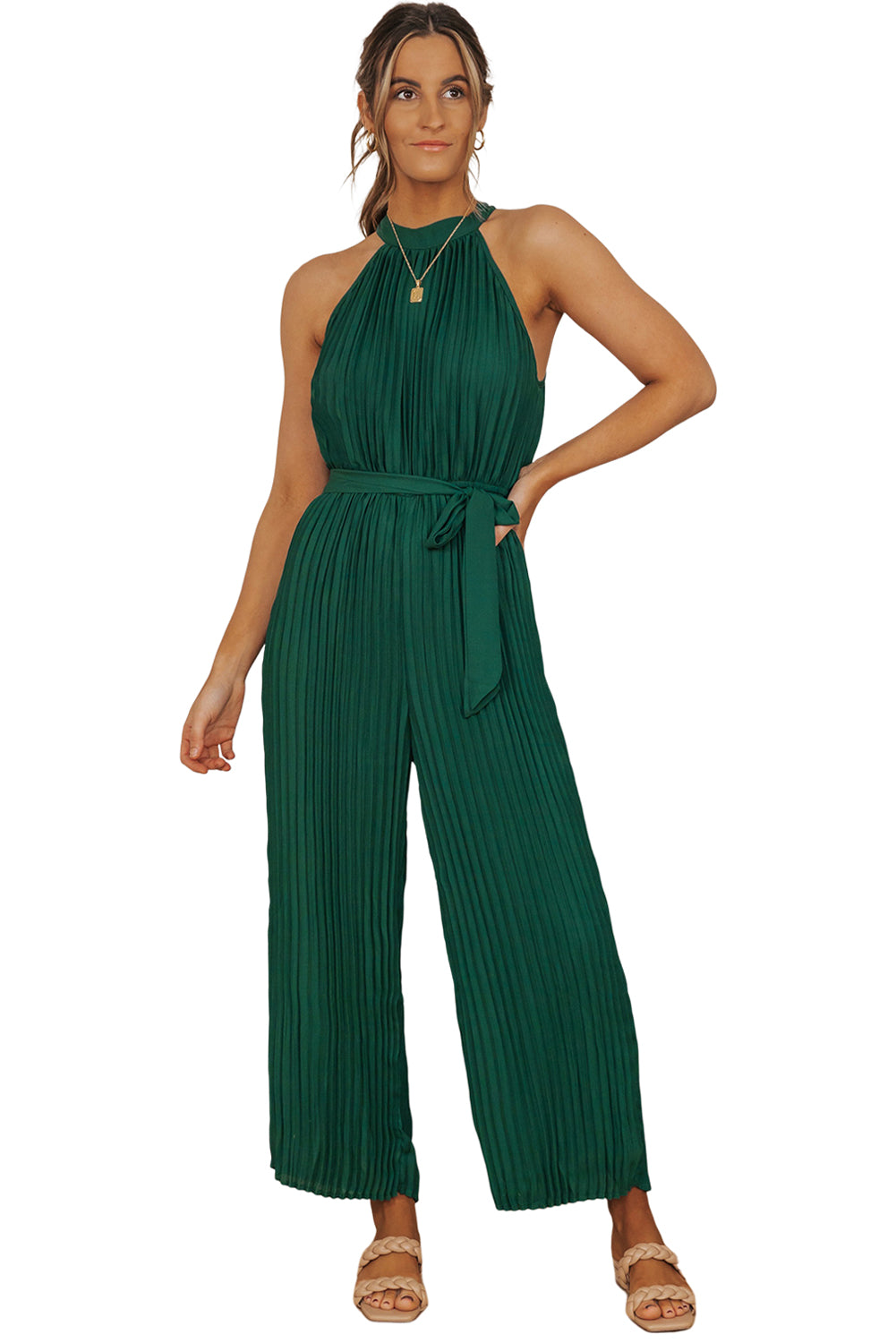 Green Elegant Halter Neck Belted Pleated Wide Leg Jumpsuit - MAD RUFFI