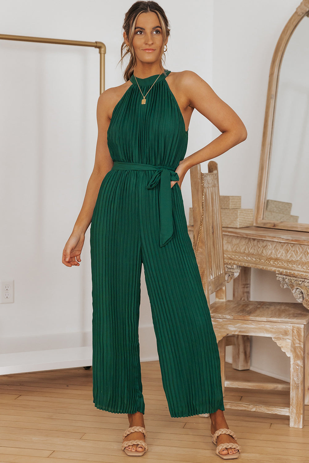 Green Elegant Halter Neck Belted Pleated Wide Leg Jumpsuit - MAD RUFFI