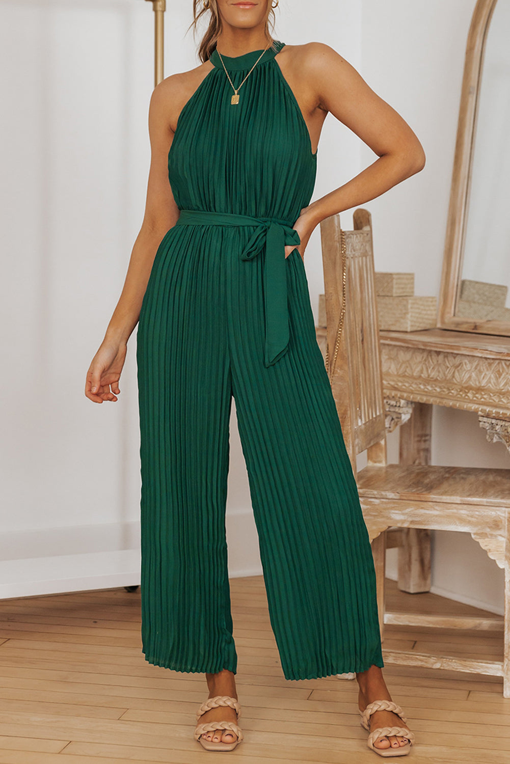 Green Elegant Halter Neck Belted Pleated Wide Leg Jumpsuit - MAD RUFFI