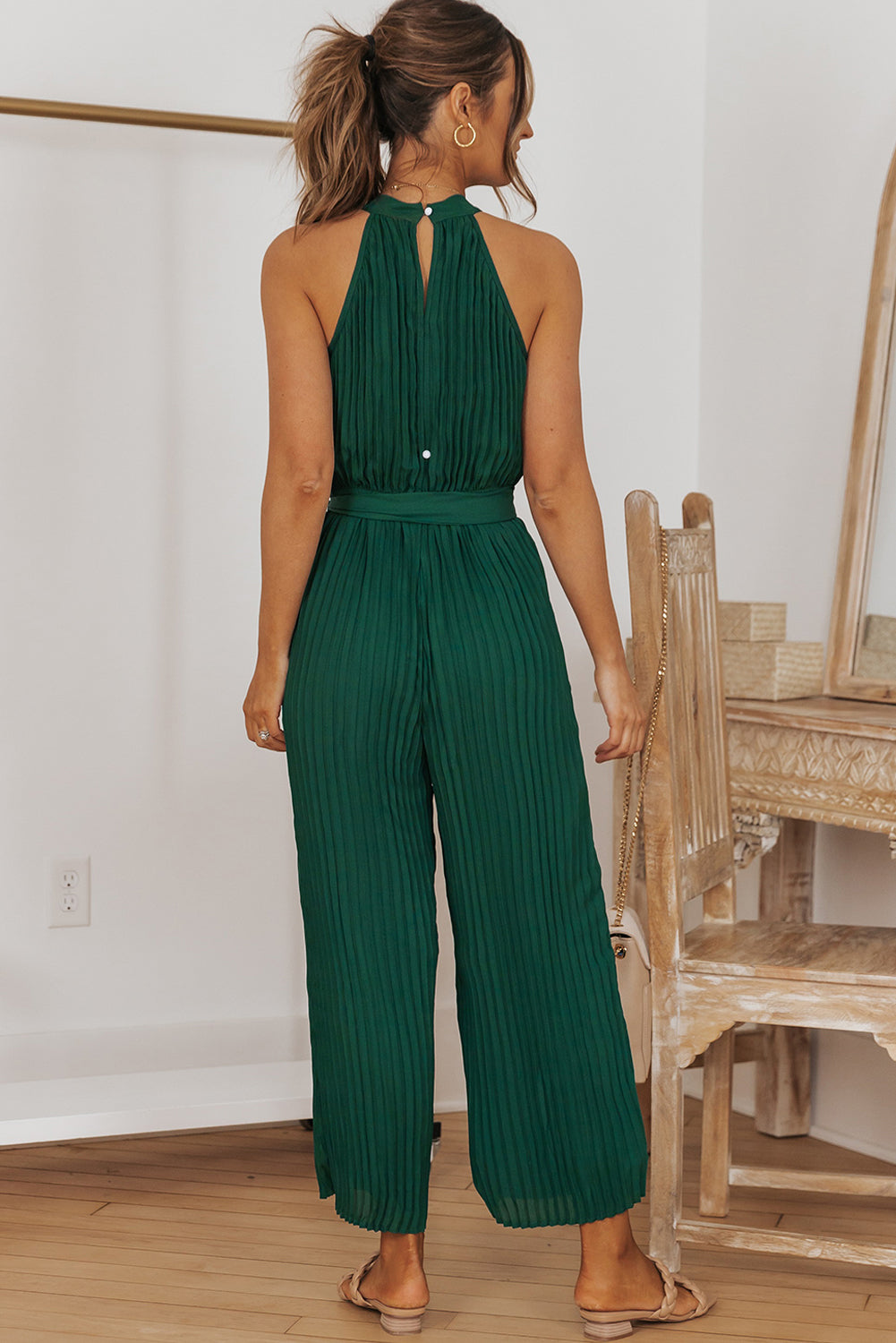 Green Elegant Halter Neck Belted Pleated Wide Leg Jumpsuit - MAD RUFFI