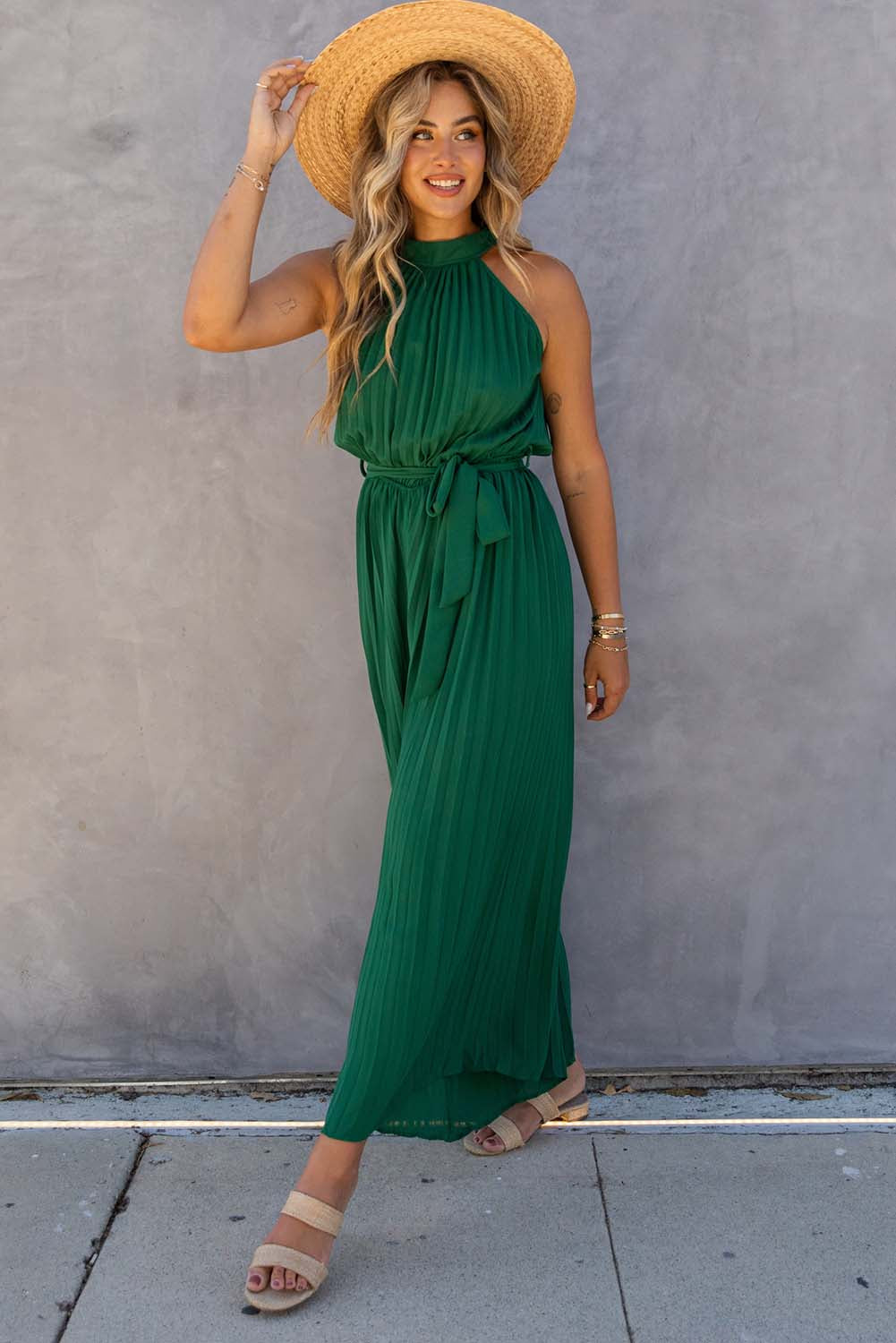 Green Elegant Halter Neck Belted Pleated Wide Leg Jumpsuit - MAD RUFFI