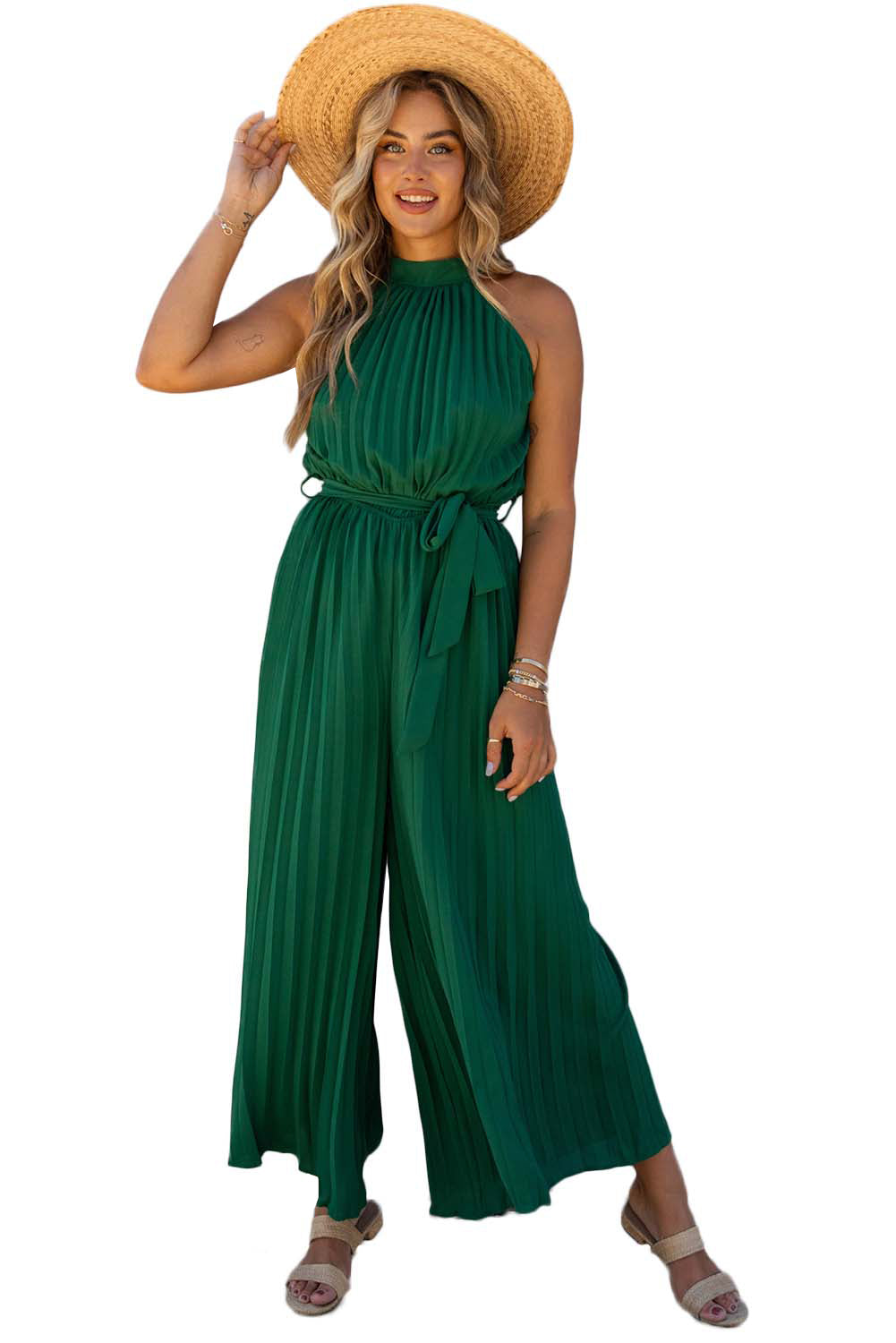 Green Elegant Halter Neck Belted Pleated Wide Leg Jumpsuit - MAD RUFFI