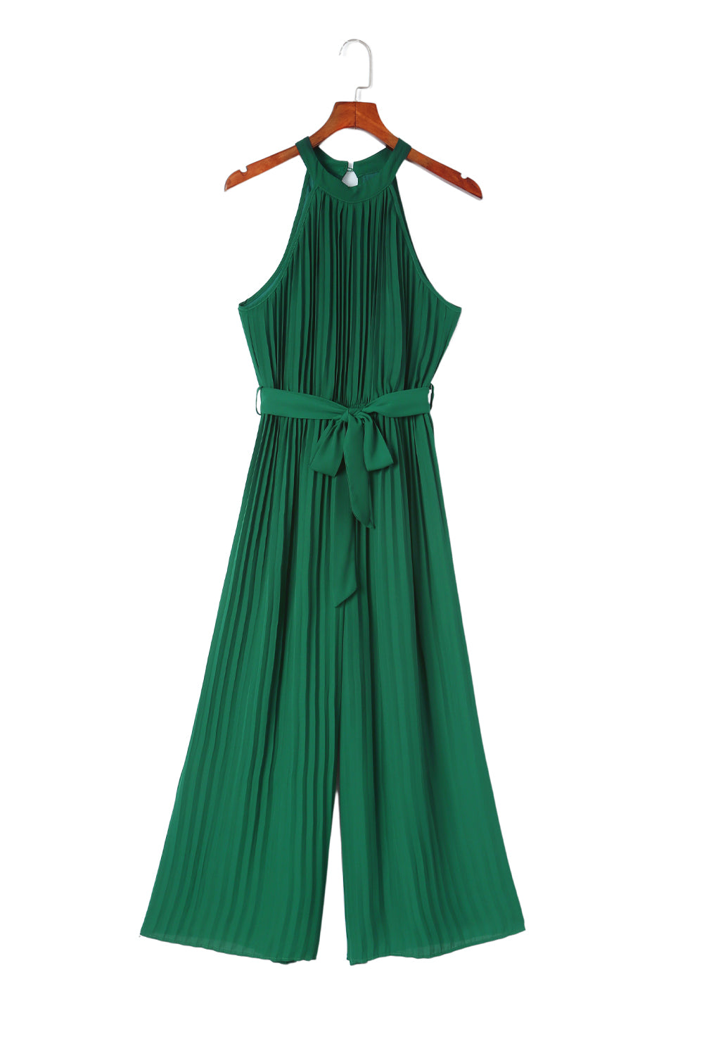 Green Elegant Halter Neck Belted Pleated Wide Leg Jumpsuit - MAD RUFFI