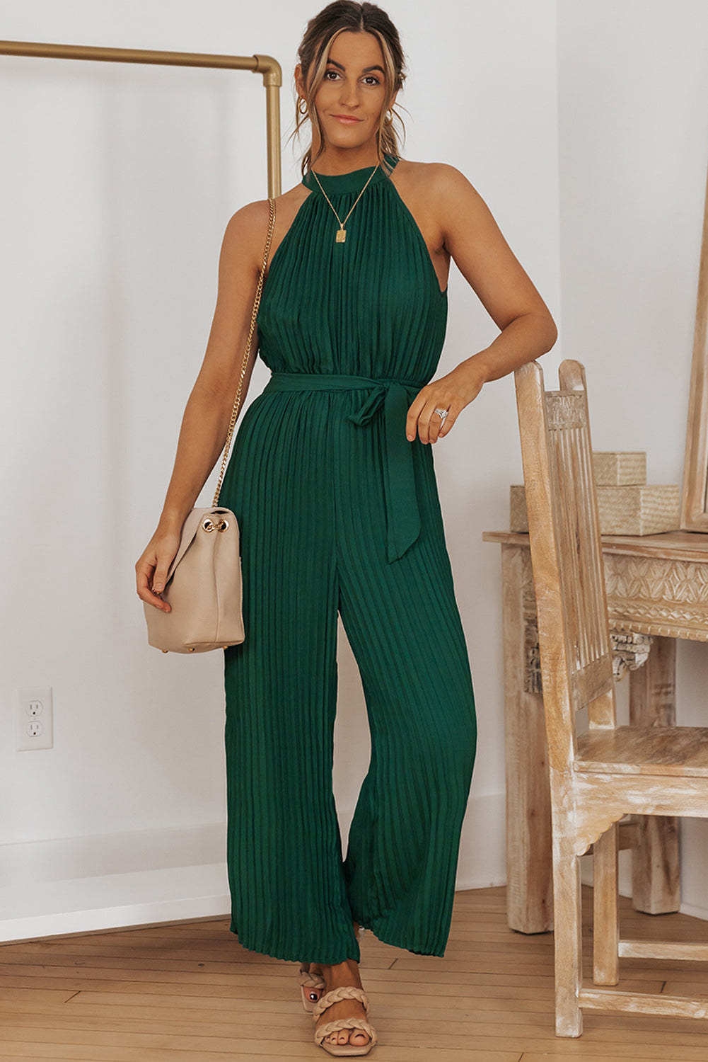 Green Elegant Halter Neck Belted Pleated Wide Leg Jumpsuit - MAD RUFFI