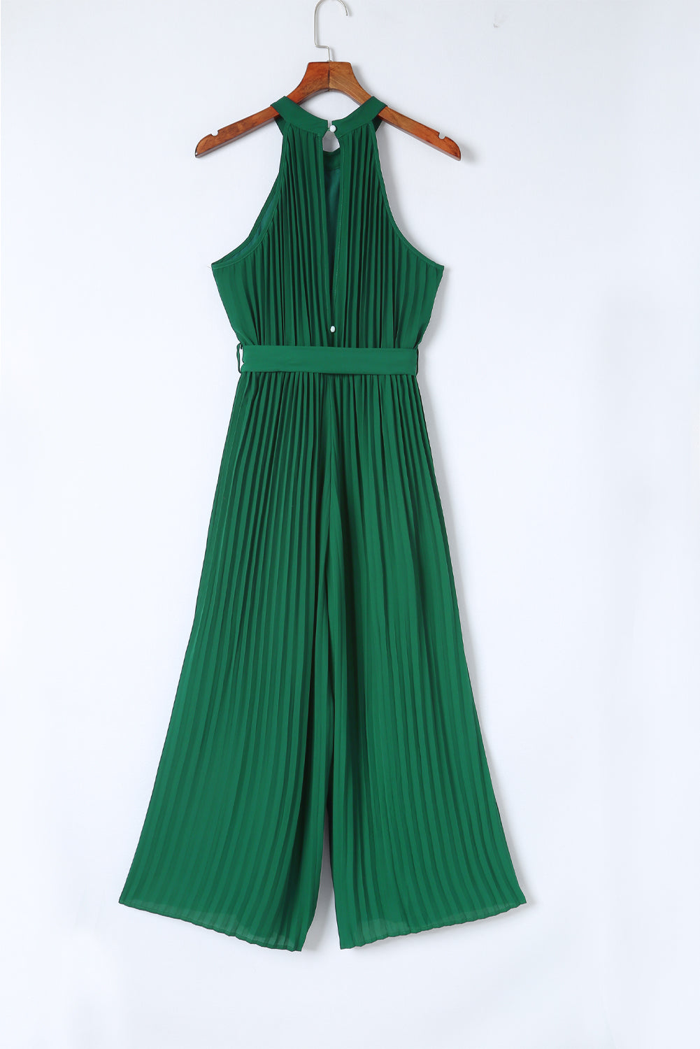 Green Elegant Halter Neck Belted Pleated Wide Leg Jumpsuit - MAD RUFFI