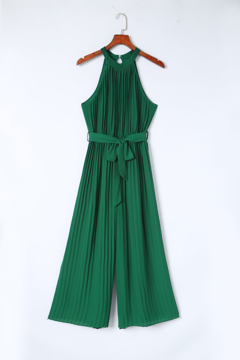 Green Elegant Halter Neck Belted Pleated Wide Leg Jumpsuit - MAD RUFFI