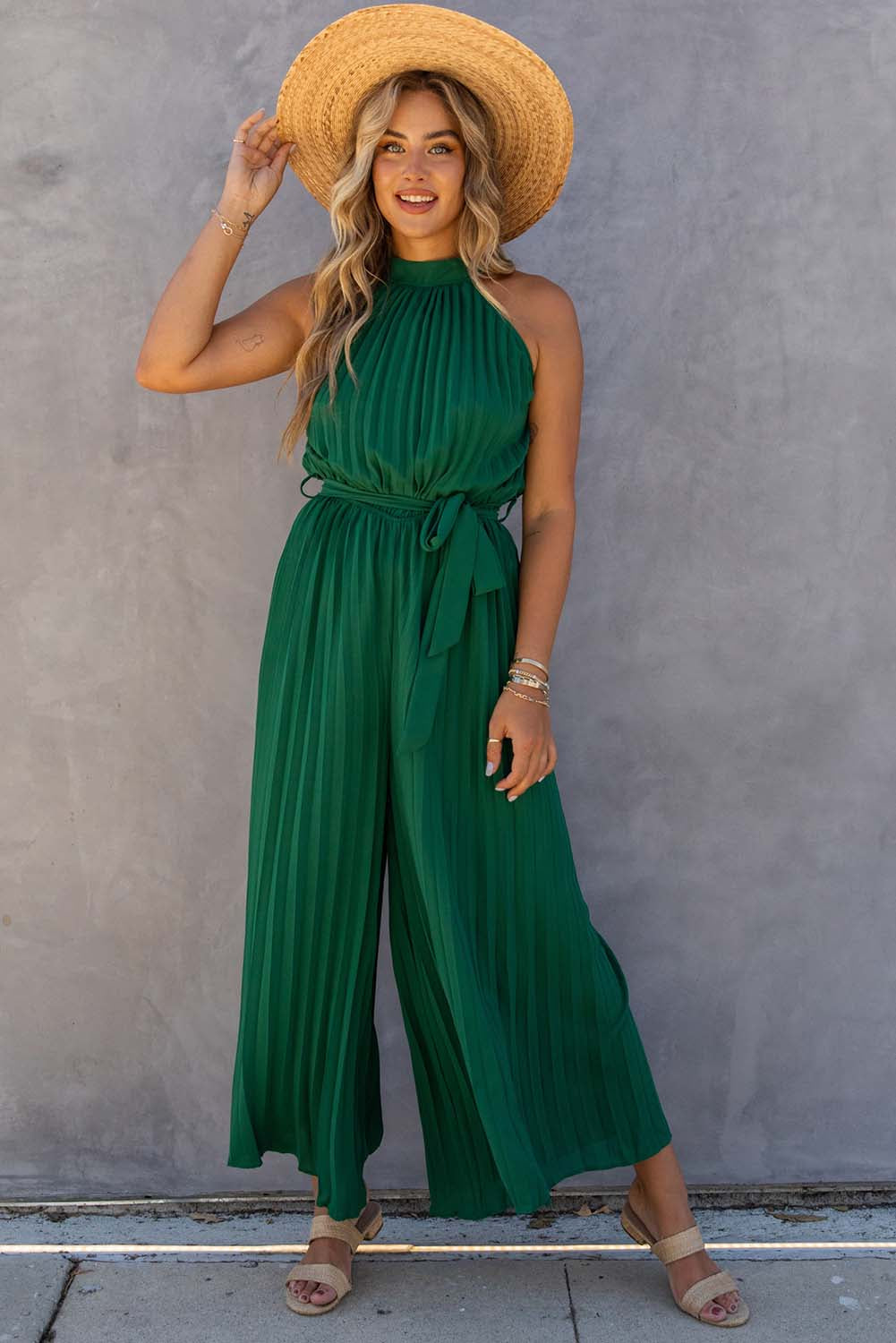 Green Elegant Halter Neck Belted Pleated Wide Leg Jumpsuit - MAD RUFFI