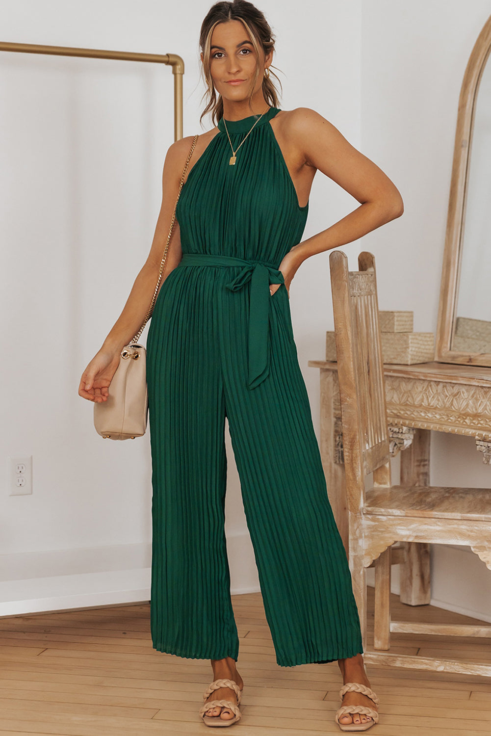 Green Elegant Halter Neck Belted Pleated Wide Leg Jumpsuit - MAD RUFFI