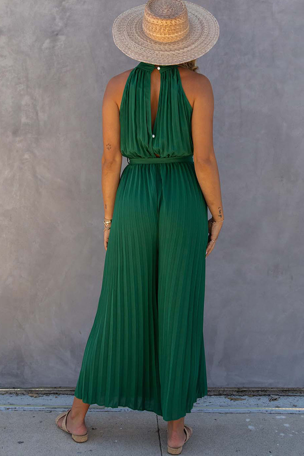 Green Elegant Halter Neck Belted Pleated Wide Leg Jumpsuit - MAD RUFFI