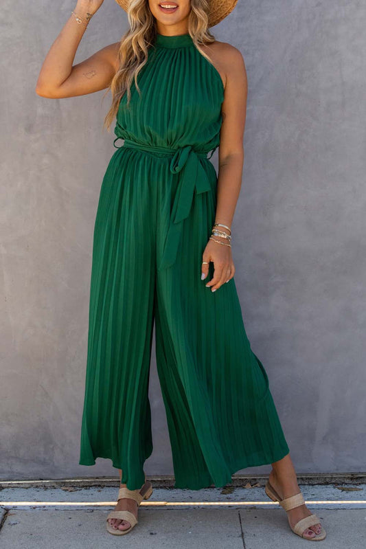 Green Elegant Halter Neck Belted Pleated Wide Leg Jumpsuit - MAD RUFFI