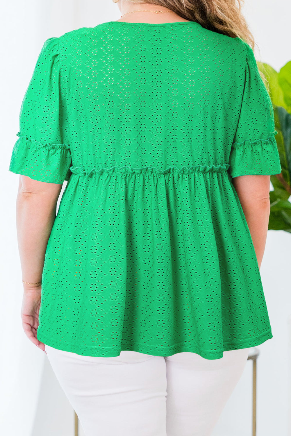 Green Embroidered Eyelet Plus Size Babydoll Blouse - Plus Size Tops