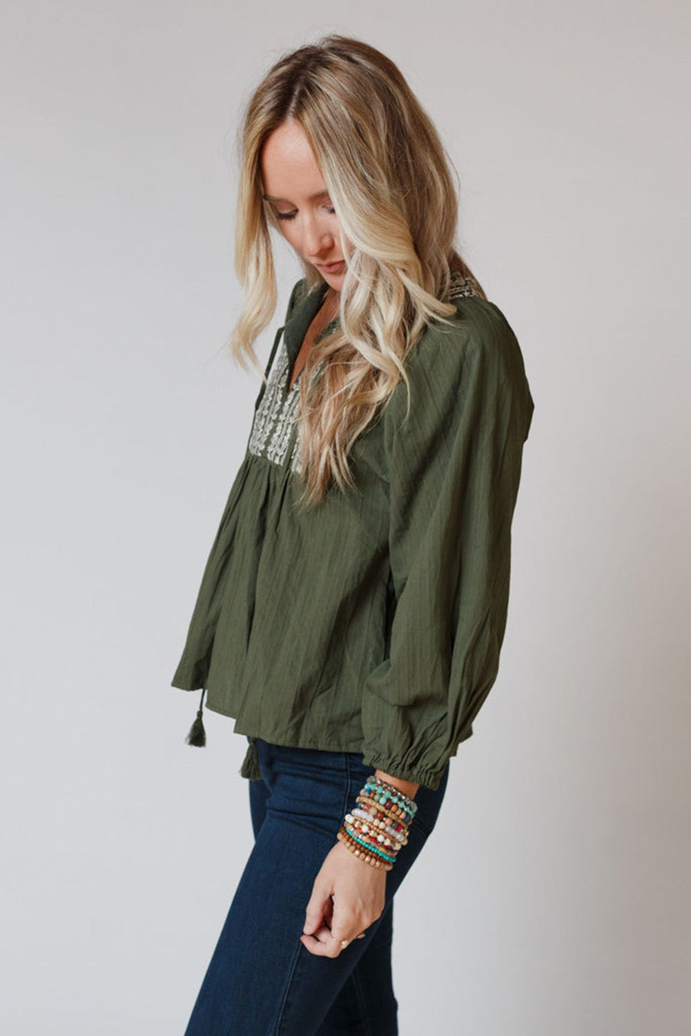 Green Embroidered Split Neck Pleated Loose Blouse - MAD RUFFI