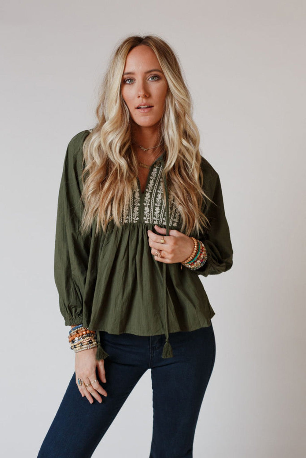 Green Embroidered Split Neck Pleated Loose Blouse - MAD RUFFI