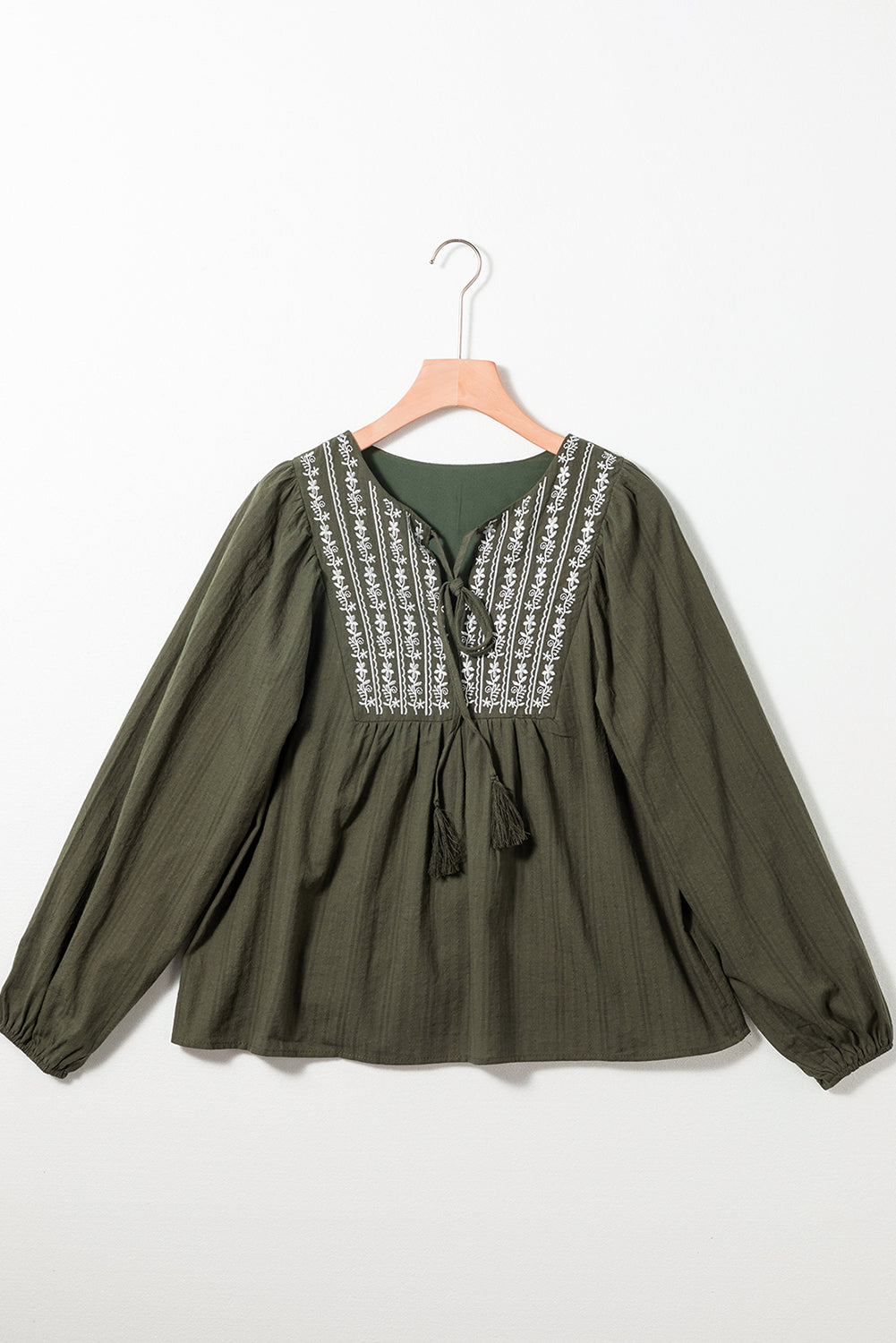 Green Embroidered Split Neck Pleated Loose Blouse - MAD RUFFI