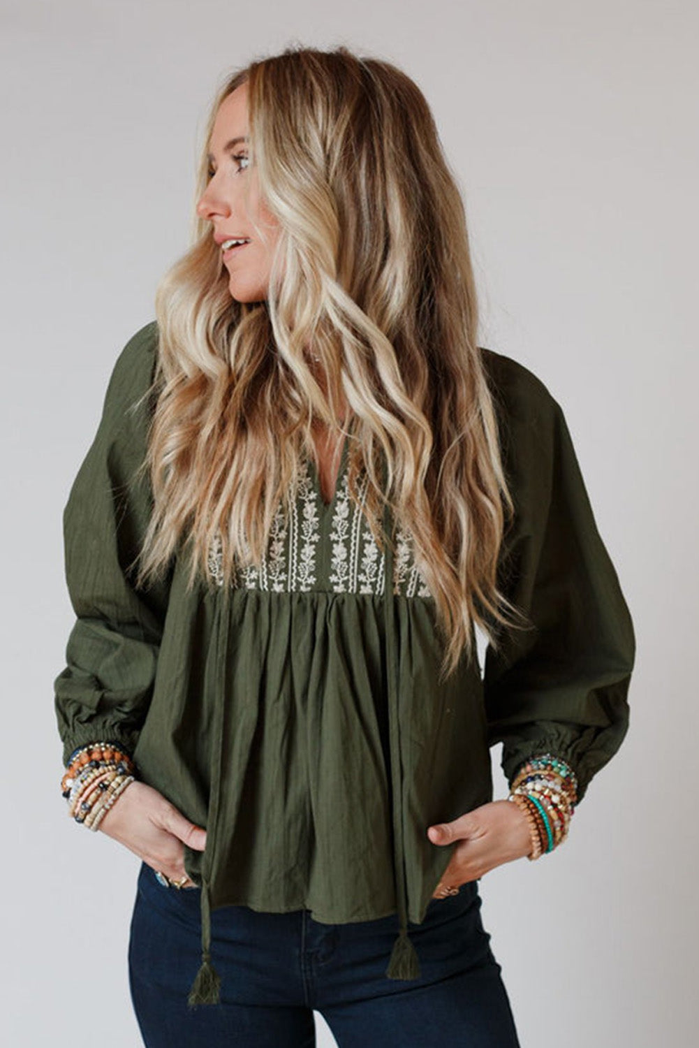 Green Embroidered Split Neck Pleated Loose Blouse - MAD RUFFI