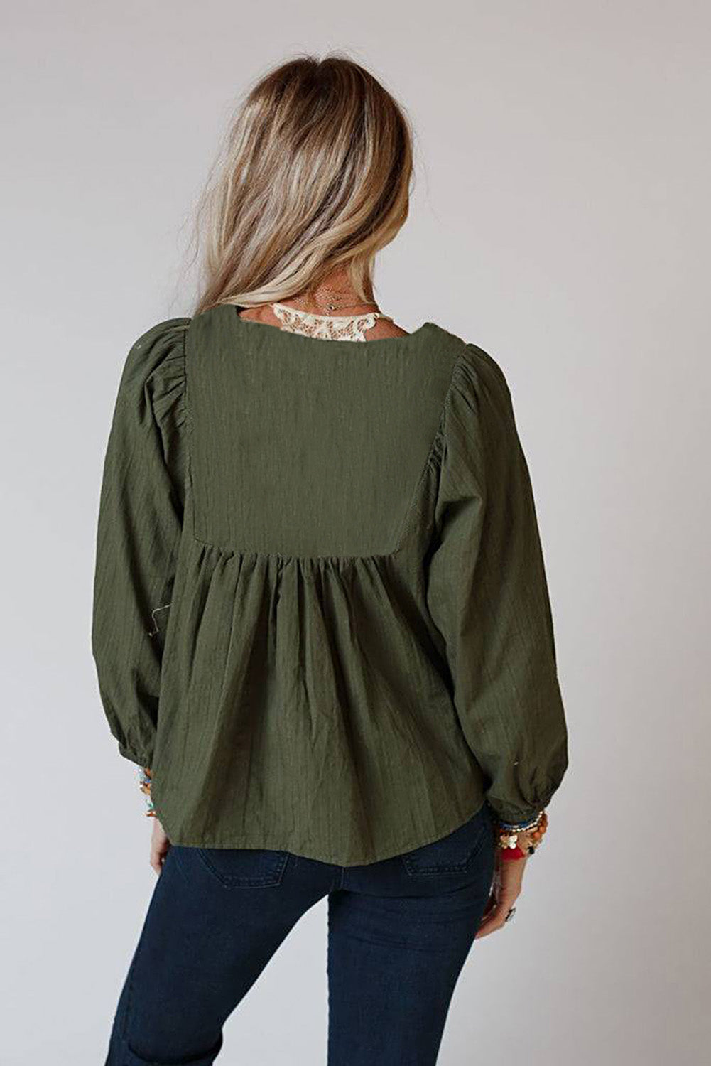 Green Embroidered Split Neck Pleated Loose Blouse - MAD RUFFI