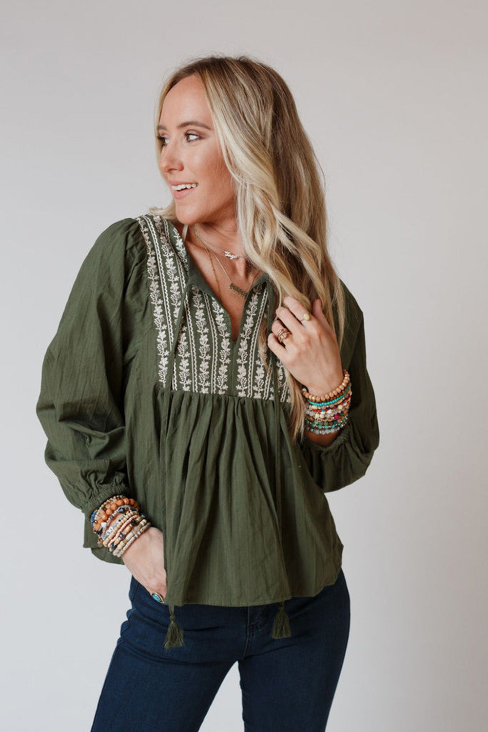 Green Embroidered Split Neck Pleated Loose Blouse - MAD RUFFI