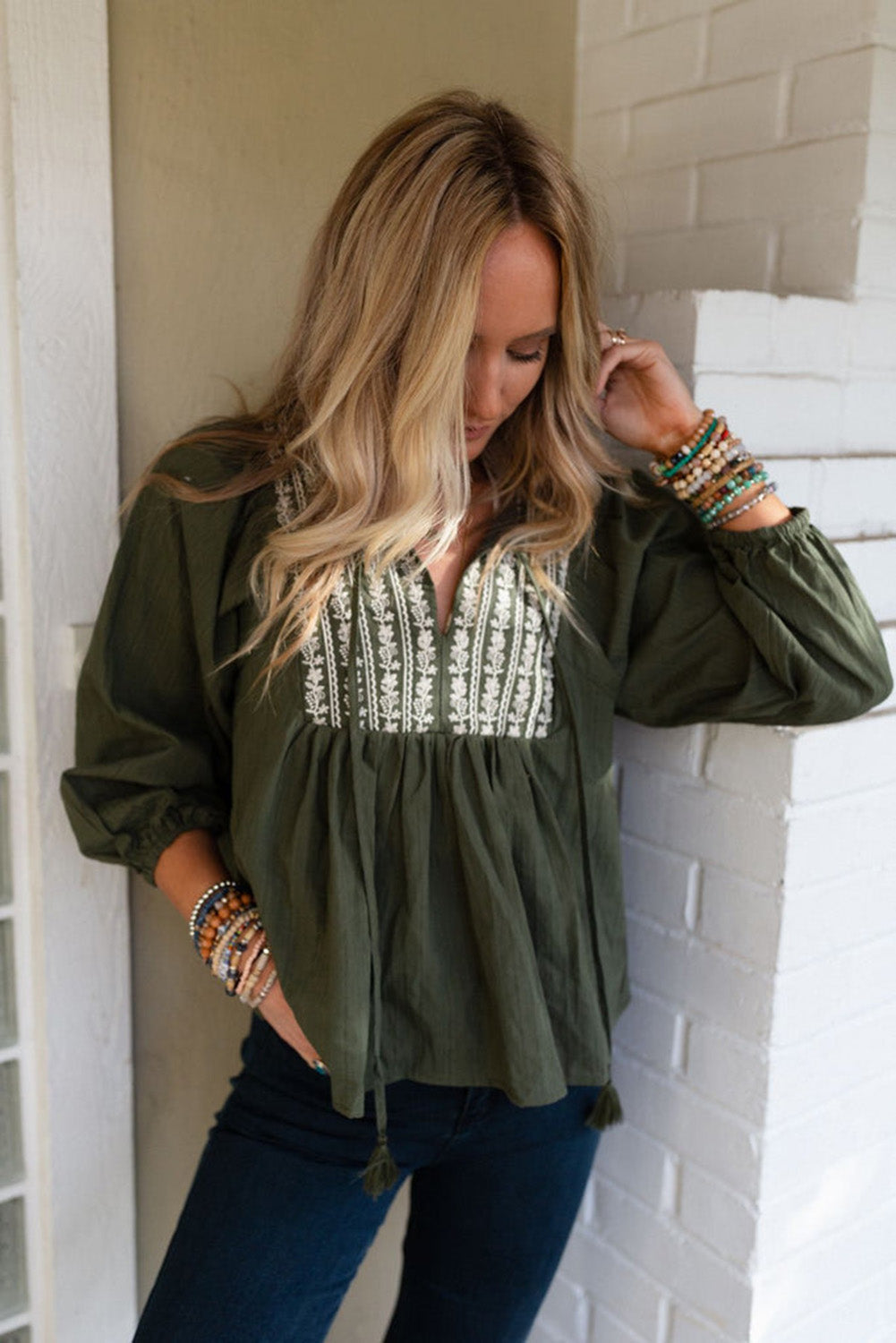 Green Embroidered Split Neck Pleated Loose Blouse - MAD RUFFI