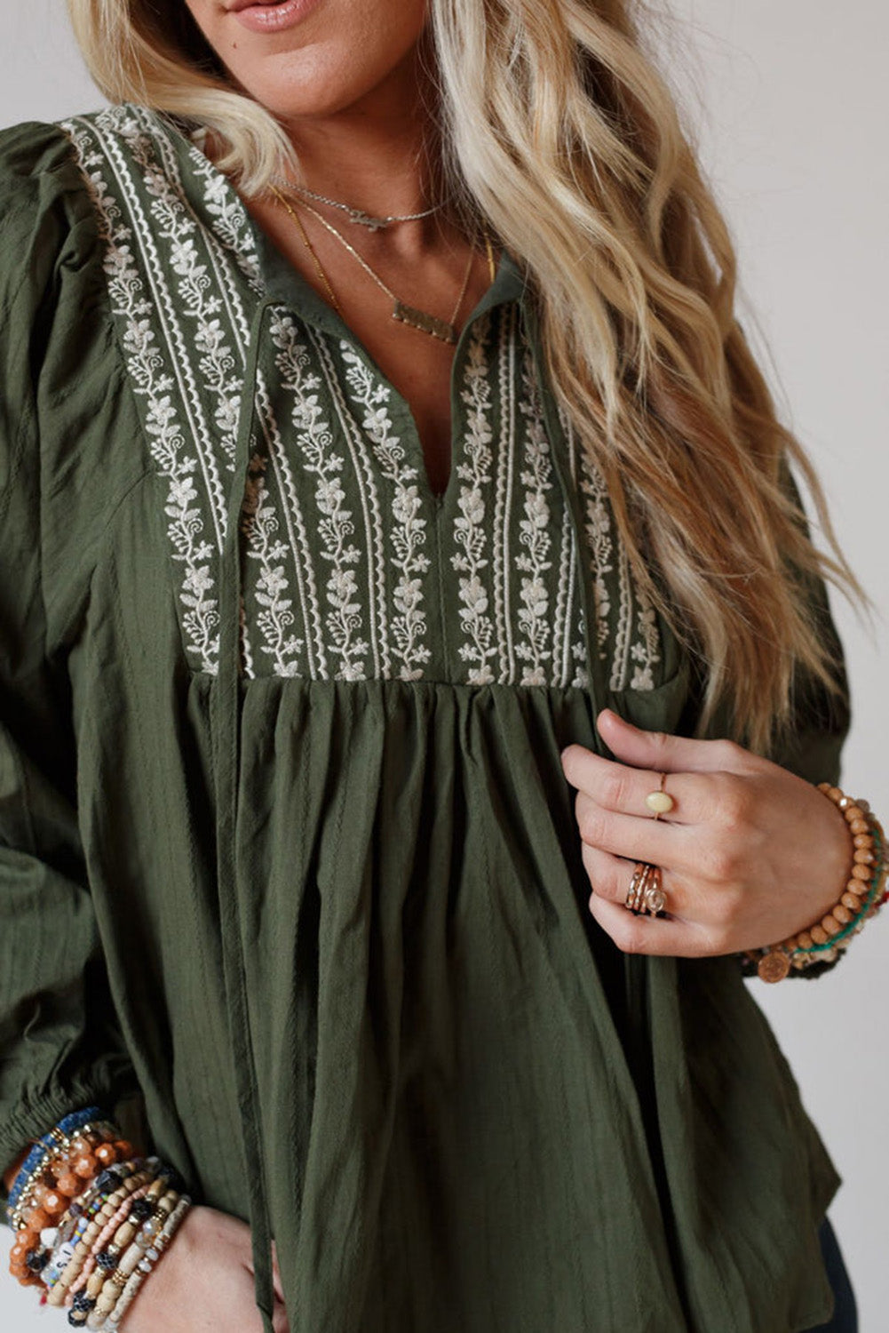 Green Embroidered Split Neck Pleated Loose Blouse - MAD RUFFI