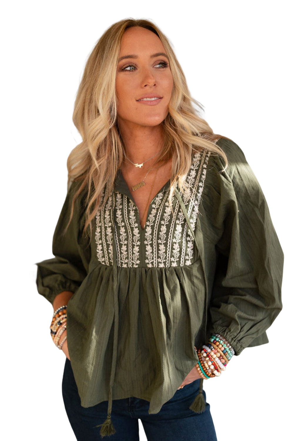 Green Embroidered Split Neck Pleated Loose Blouse - MAD RUFFI