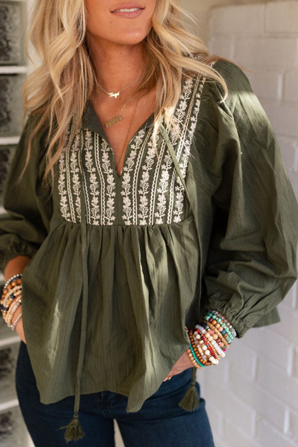 Green Embroidered Split Neck Pleated Loose Blouse - MAD RUFFI