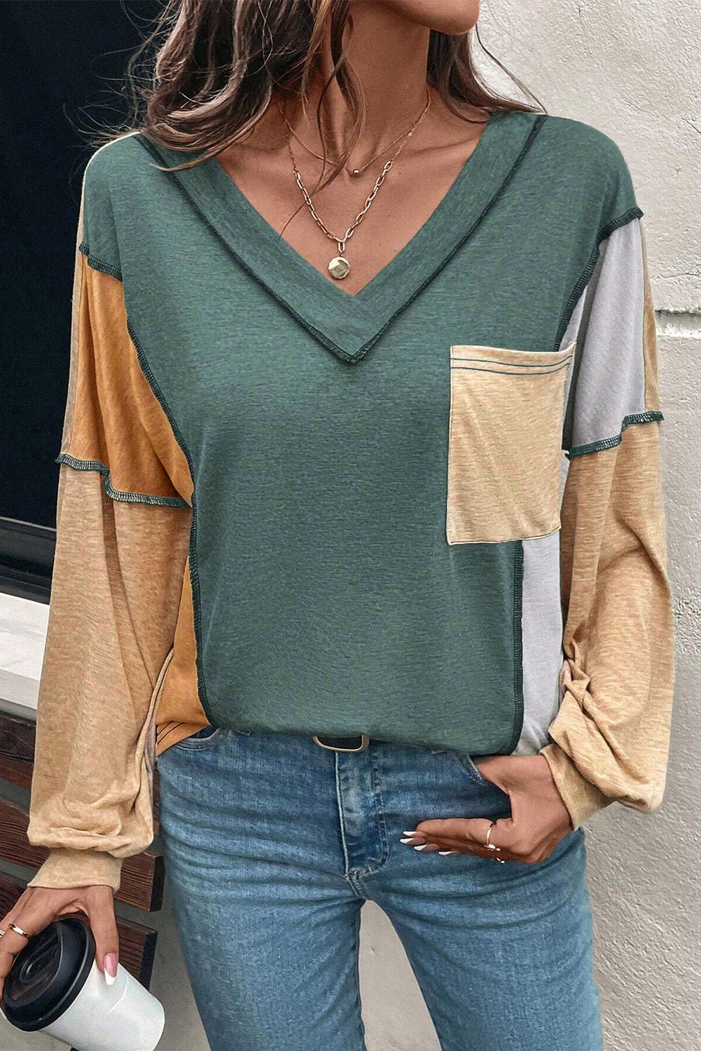 Green Exposed Stitching Colorblock V Neck Long Sleeve Top - MAD RUFFI