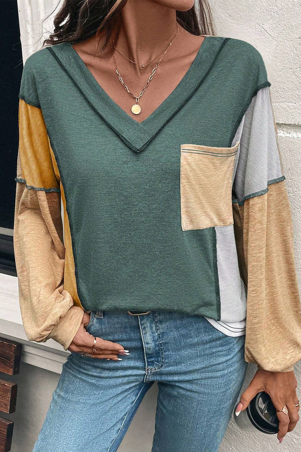 Green Exposed Stitching Colorblock V Neck Long Sleeve Top - MAD RUFFI