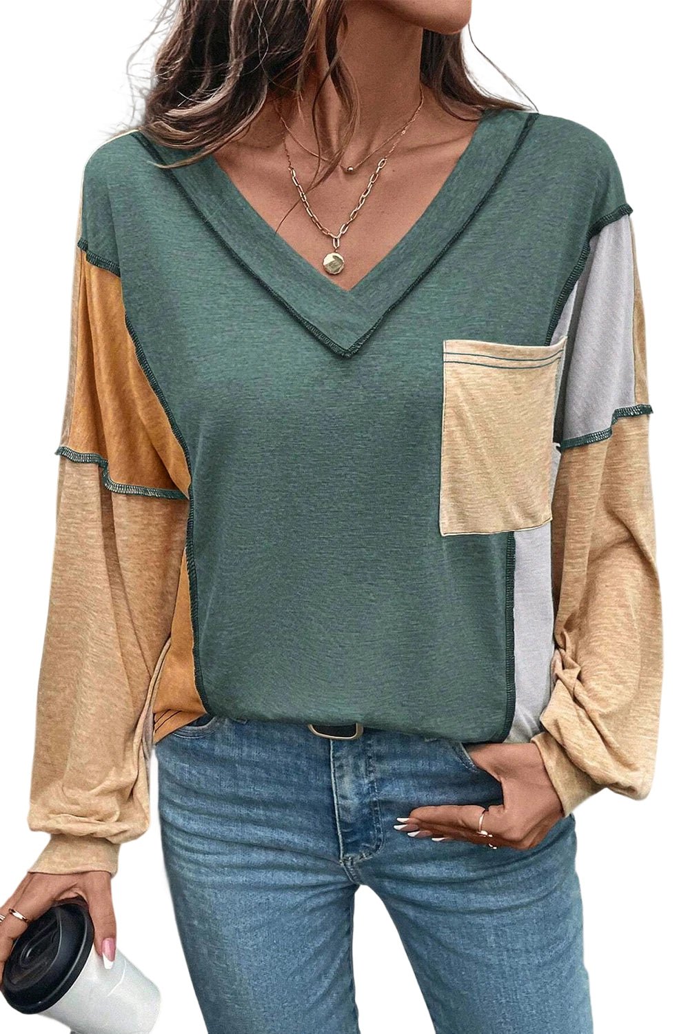 Green Exposed Stitching Colorblock V Neck Long Sleeve Top - MAD RUFFI