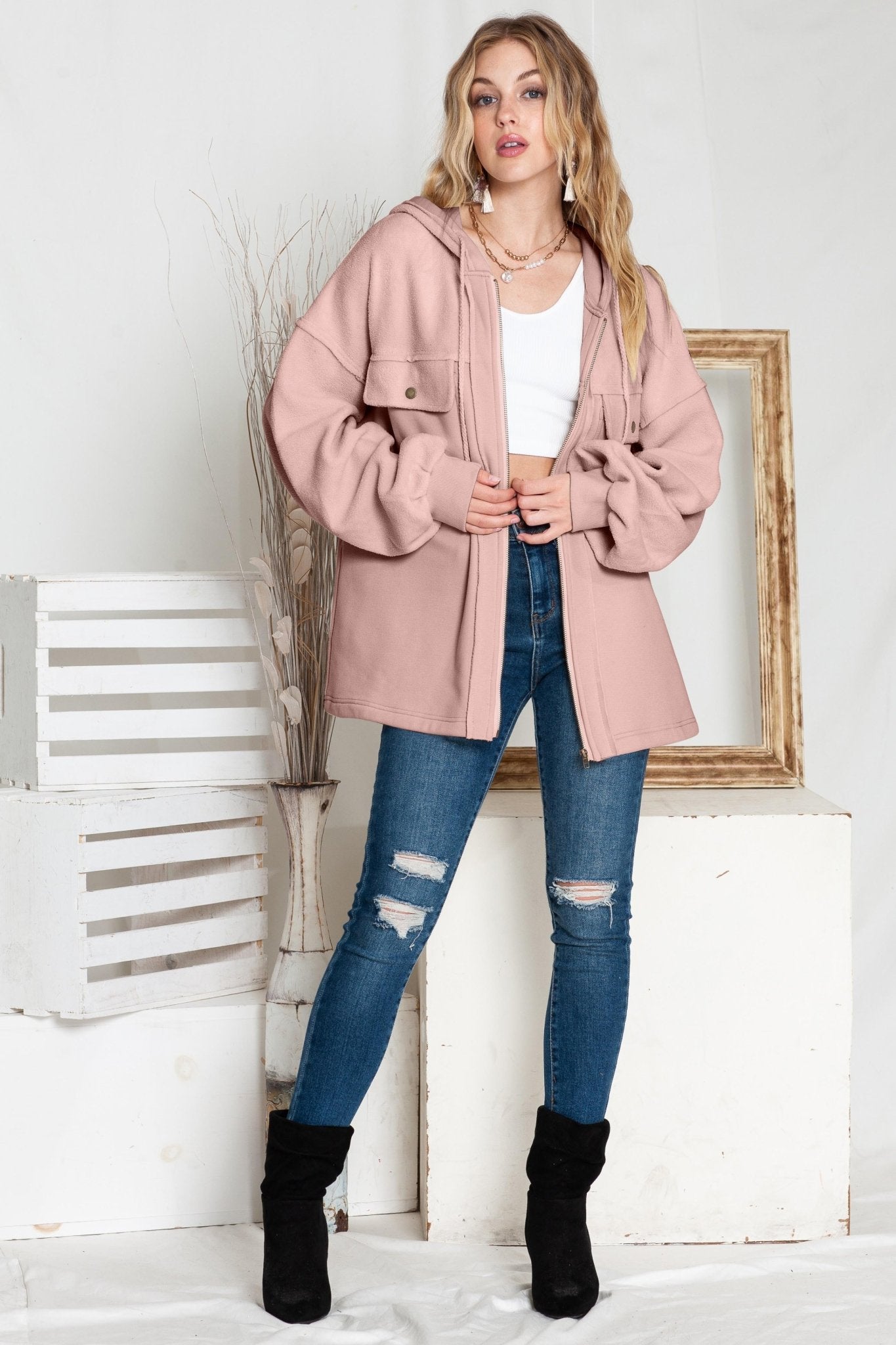 Green Flap Pockets Bishop Sleeve Zip Up Hoodie Jacket - MAD RUFFI