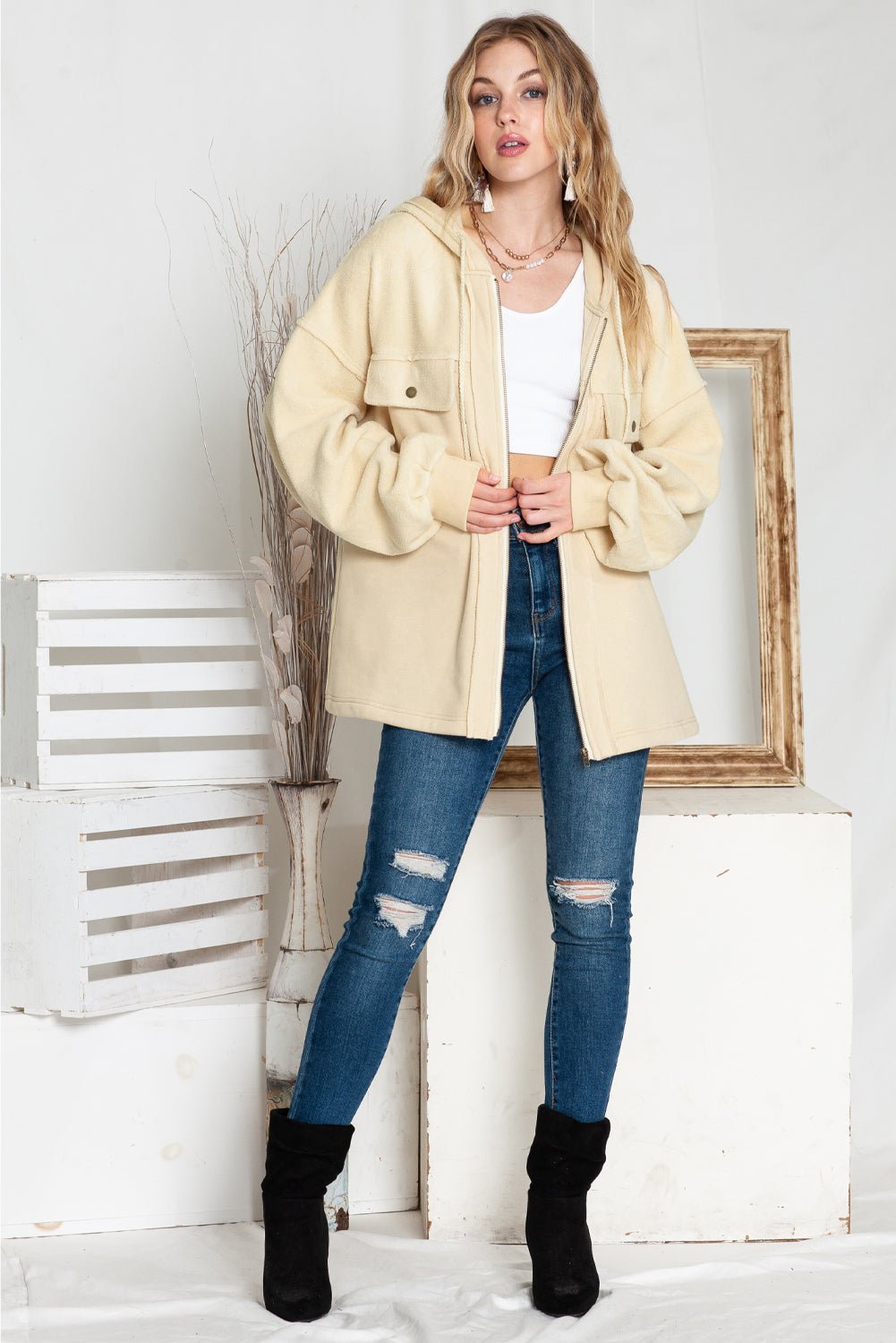 Green Flap Pockets Bishop Sleeve Zip Up Hoodie Jacket - MAD RUFFI