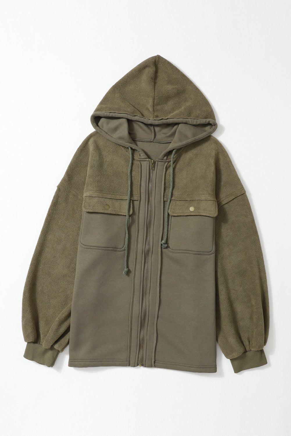 Green Flap Pockets Bishop Sleeve Zip Up Hoodie Jacket - MAD RUFFI