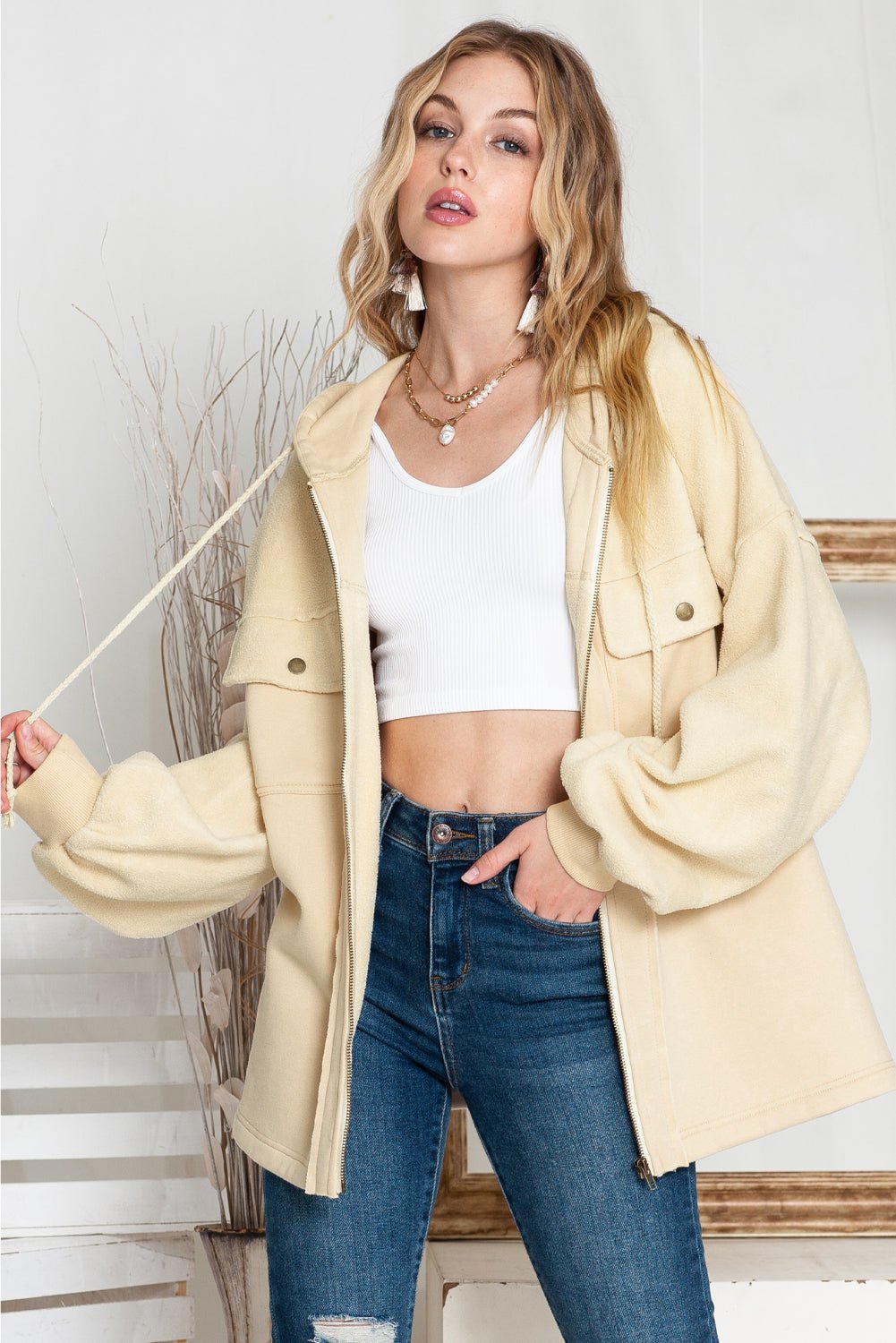 Green Flap Pockets Bishop Sleeve Zip Up Hoodie Jacket - MAD RUFFI