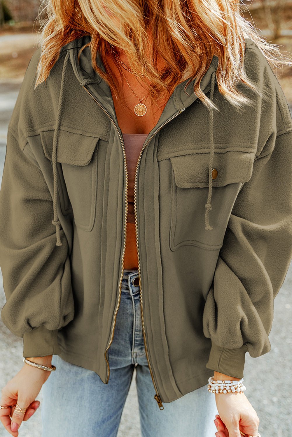 Green Flap Pockets Bishop Sleeve Zip Up Hoodie Jacket - MAD RUFFI