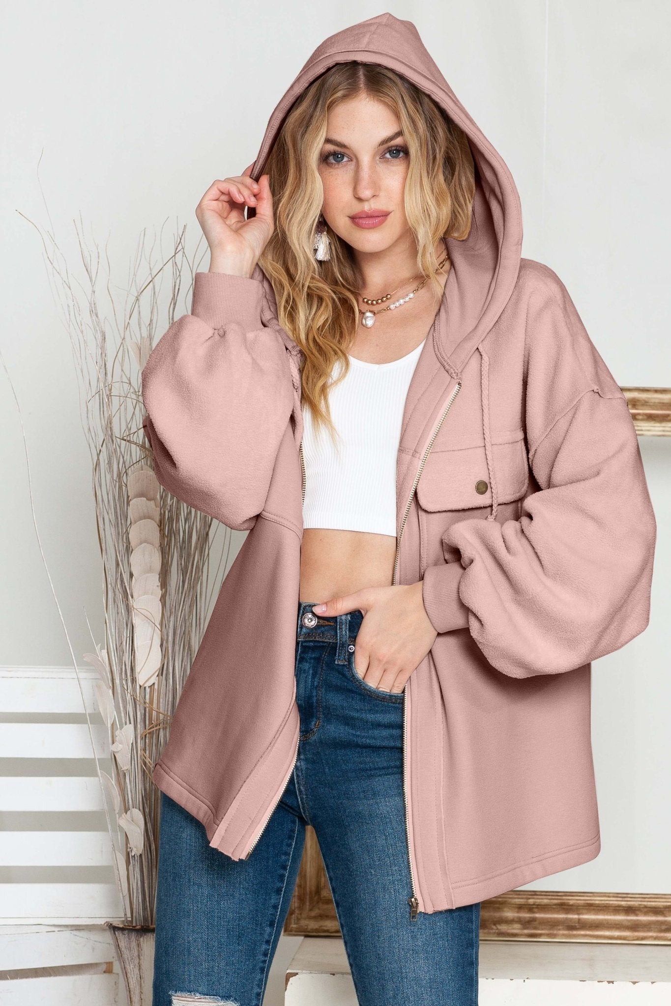 Green Flap Pockets Bishop Sleeve Zip Up Hoodie Jacket - MAD RUFFI