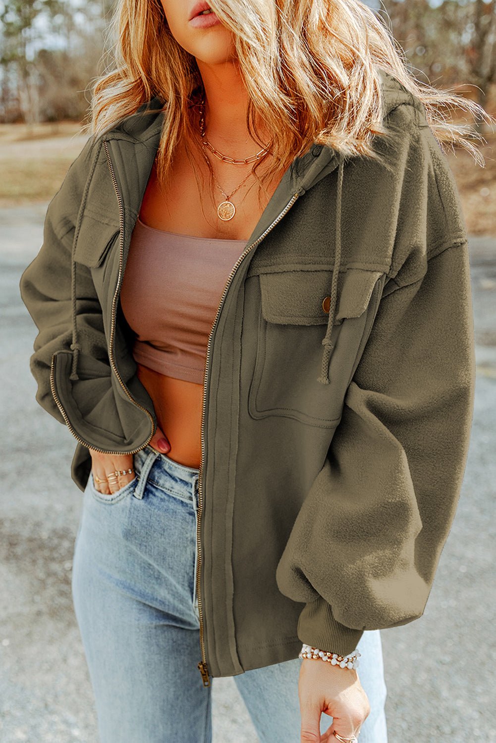 Green Flap Pockets Bishop Sleeve Zip Up Hoodie Jacket - MAD RUFFI