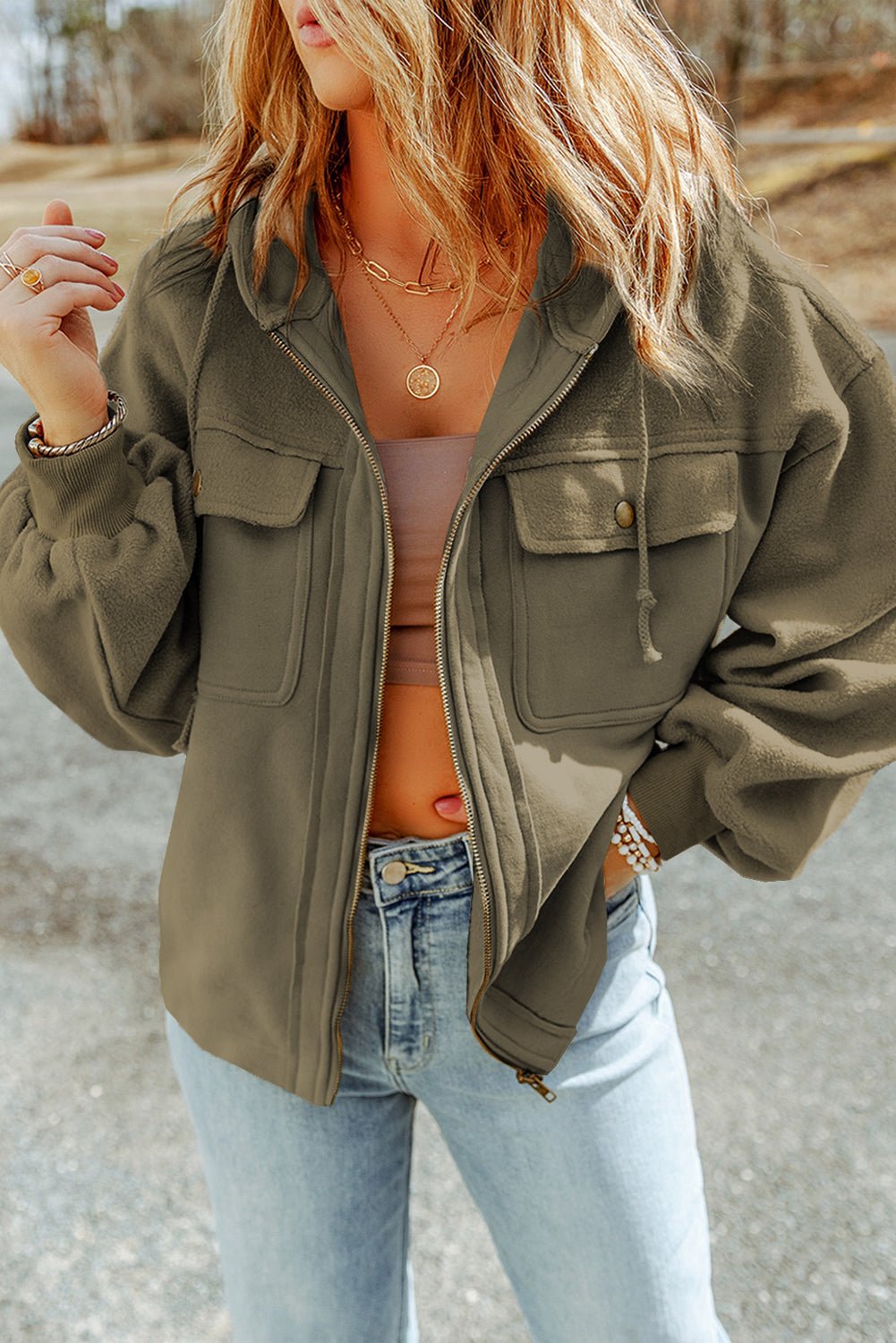 Green Flap Pockets Bishop Sleeve Zip Up Hoodie Jacket - MAD RUFFI