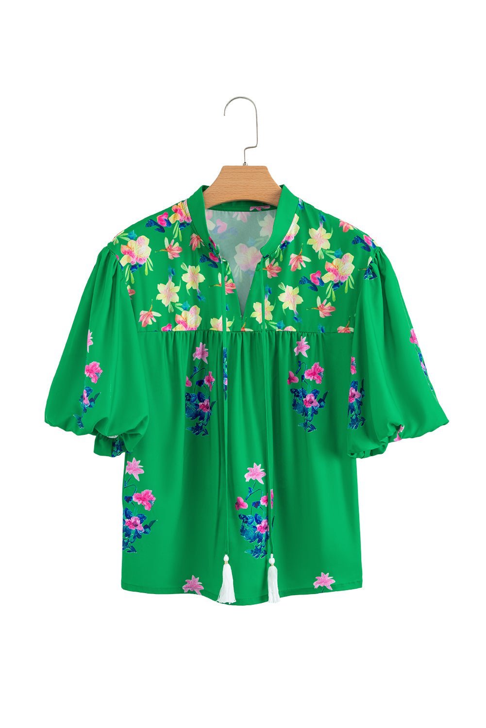 Green Floral Detail Tie Split Neck Puff Sleeve Blouse - MAD RUFFI