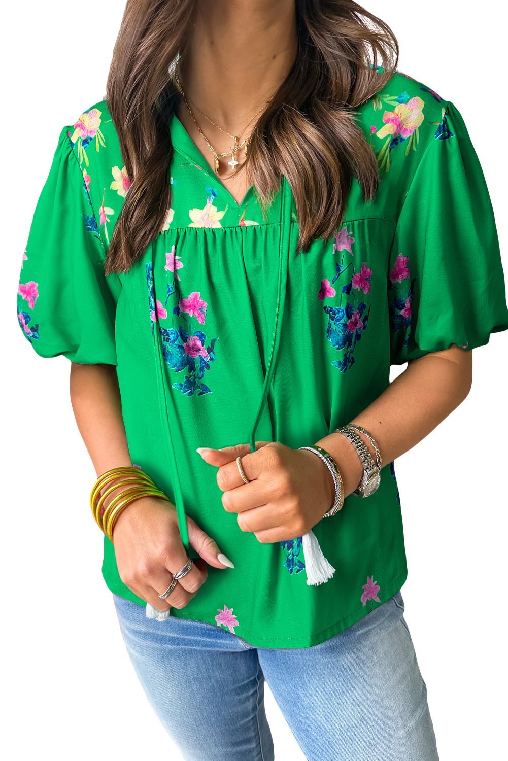 Green Floral Detail Tie Split Neck Puff Sleeve Blouse - MAD RUFFI