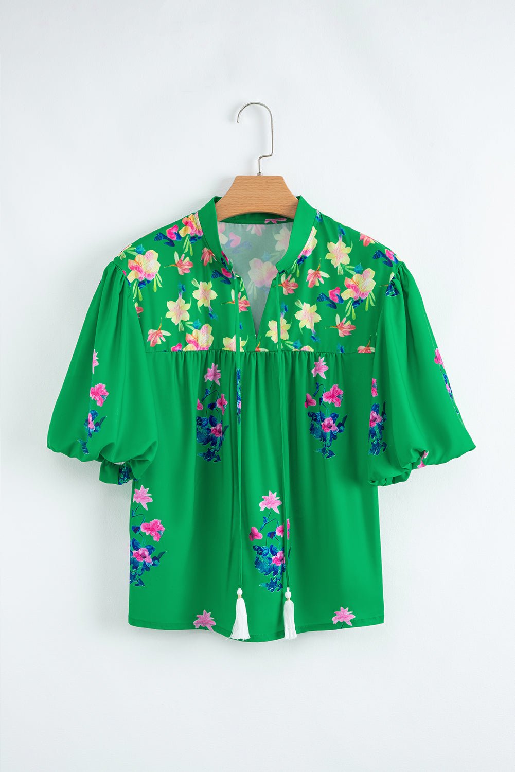 Green Floral Detail Tie Split Neck Puff Sleeve Blouse - MAD RUFFI
