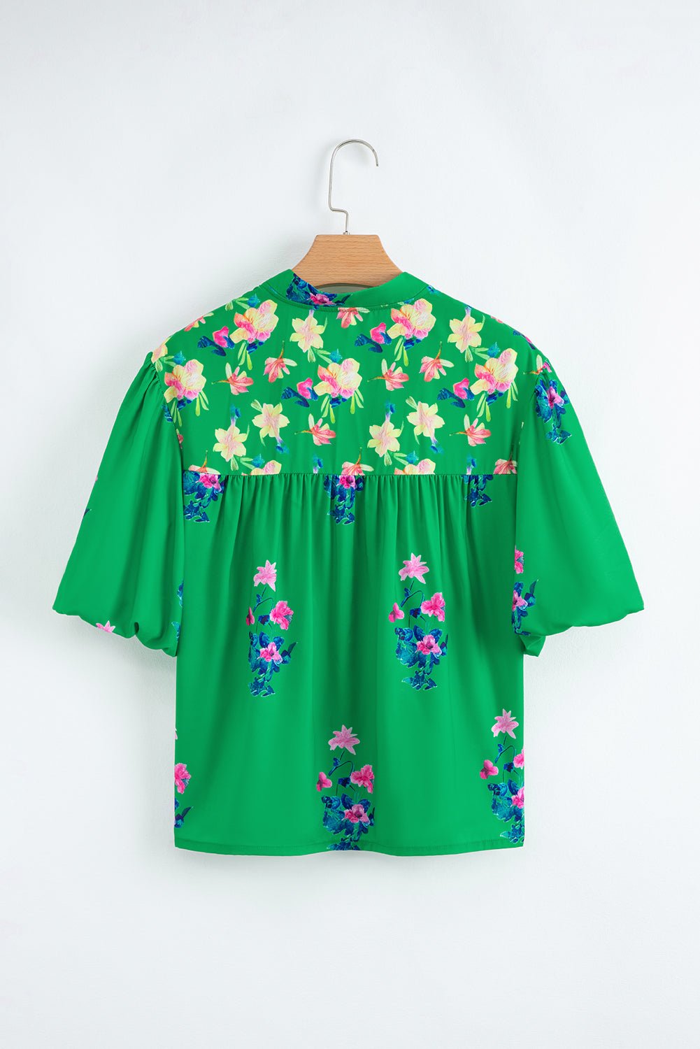 Green Floral Detail Tie Split Neck Puff Sleeve Blouse - MAD RUFFI