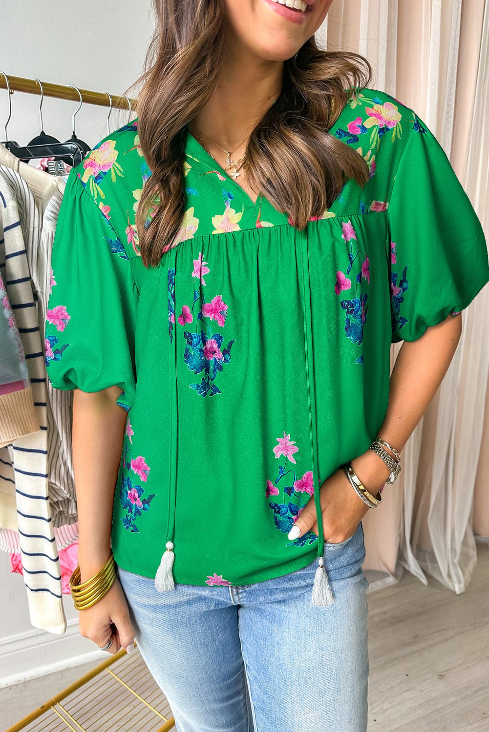 Green Floral Detail Tie Split Neck Puff Sleeve Blouse - MAD RUFFI