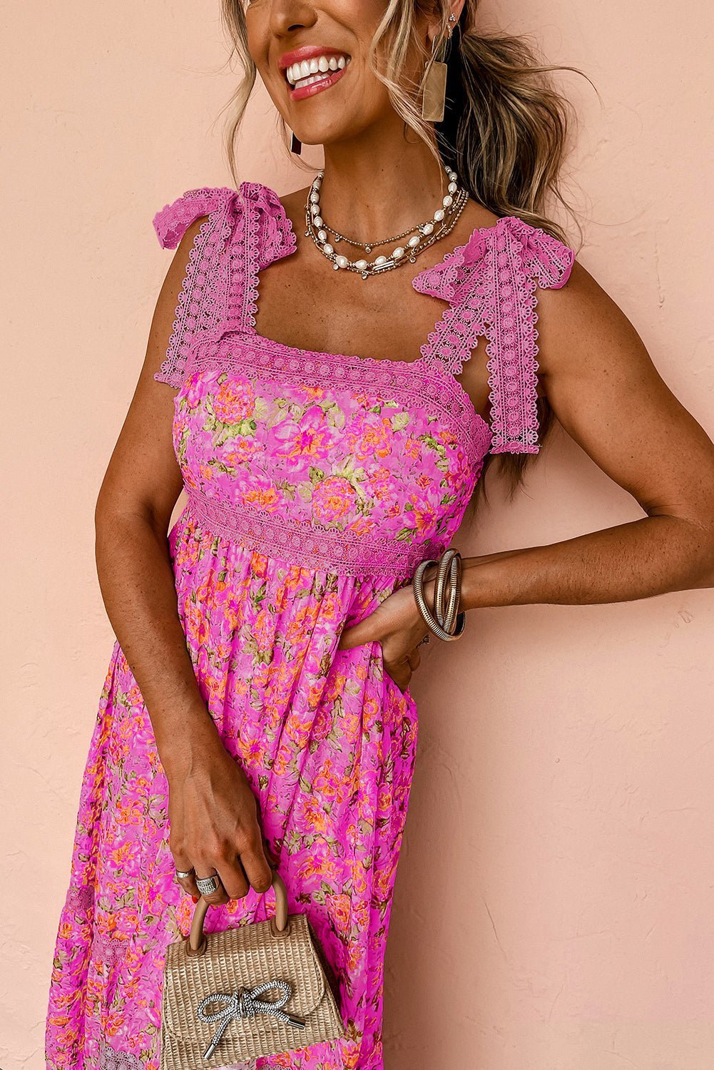 Green Floral Lace Tied Strap Empire Waist Maxi Dress - MAD RUFFI