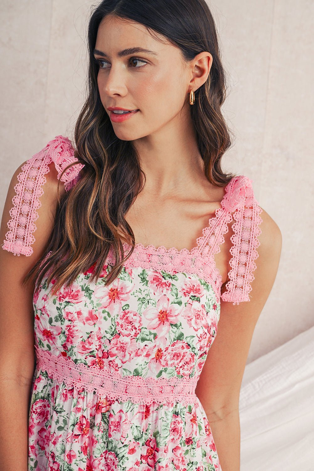 Green Floral Lace Tied Strap Empire Waist Maxi Dress - MAD RUFFI