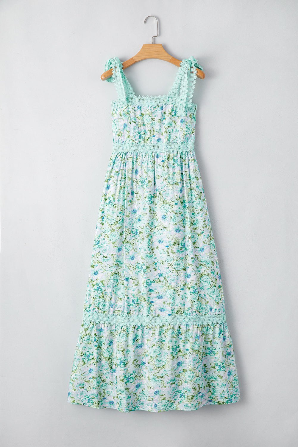 Green Floral Lace Tied Strap Empire Waist Maxi Dress - MAD RUFFI
