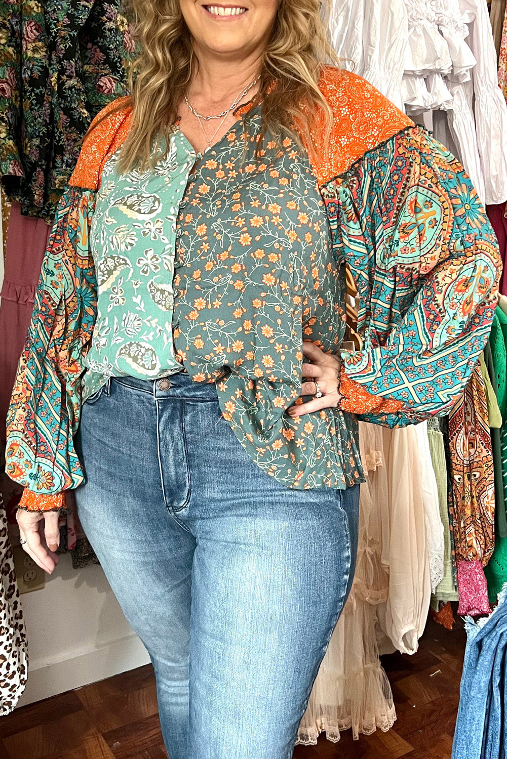 Green Floral Patchwork V Neck Lantern Sleeve Plus Size Blouse - MAD RUFFI