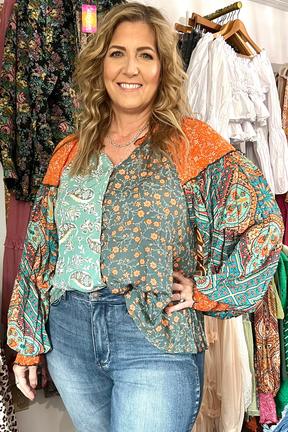 Green Floral Patchwork V Neck Lantern Sleeve Plus Size Blouse - MAD RUFFI