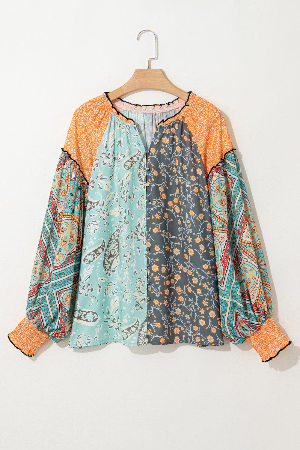 Green Floral Patchwork V Neck Lantern Sleeve Plus Size Blouse - MAD RUFFI