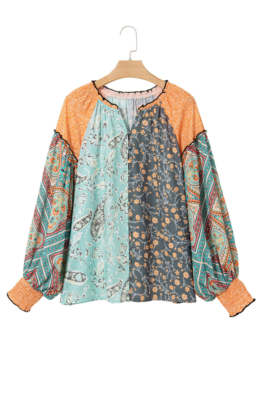 Green Floral Patchwork V Neck Lantern Sleeve Plus Size Blouse - MAD RUFFI